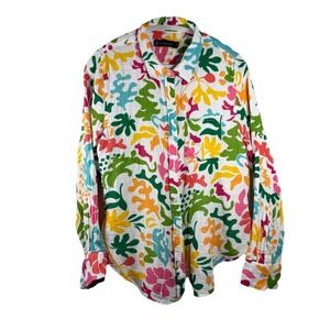 Women's Multicolor Large 100% Cotton Gauze Abstract Long Sleeve Button Up Resort